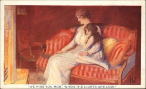 WWI Era A/S I.W. Mother and Daughter Little Girl by Fire Vintage Postcard