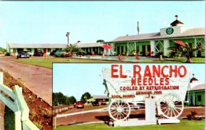 Needles CA California EL RANCHO MOTOR HOTEL Roadside Covered Wagon Sign Postcard