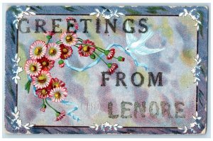 1916 Greetings from Lenore Manitoba Canada Embossed Flower Dove Postcard