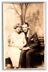 Vintage 1910's RPPC Postcard Studio Portrait Cute Newly Married Couple