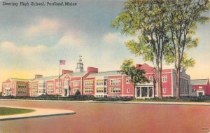 PORTLAND, Maine ME     DEERING HIGH SCHOOL     c1940's Linen Postcard