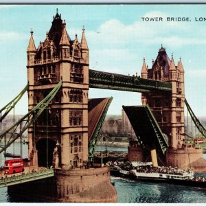 c1950s London, England Tower Bridge Bascule Open Steam Red Bus River Thames A352