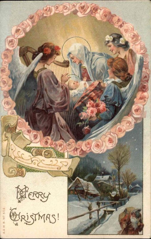 Christmas Nativity Angel Plays Harp for Jesus Santa Claus c1910 Vintage Postcard