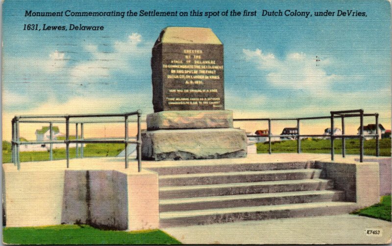 Vtg 1950s Monument DeVries Palisade Dutch Colony Lewes Delaware DE Postcard