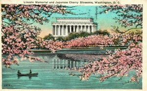 Vintage Postcard 1927 Lincoln Memorial & Japanese Cherry Blossoms Washington DC