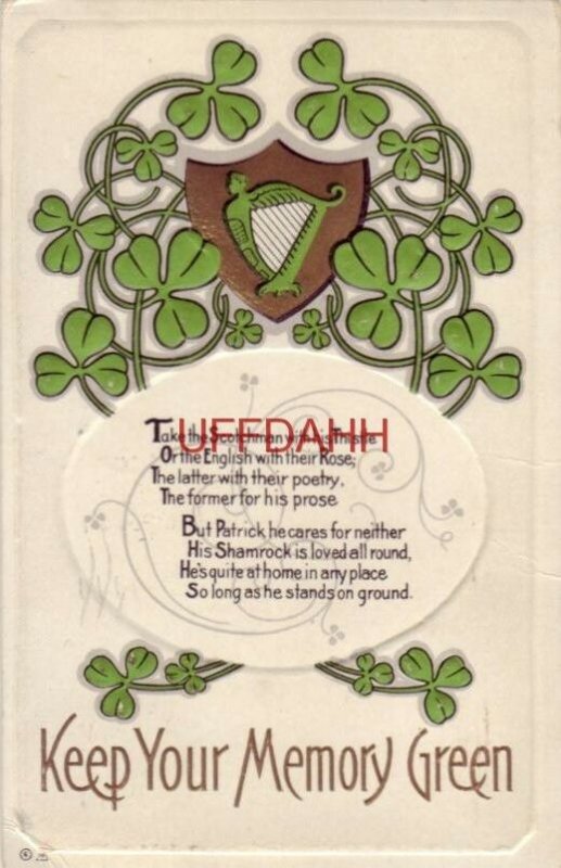 KEEP YOUR MEMORY GREEN 1913 St. Patrick Series No. 16 embossed