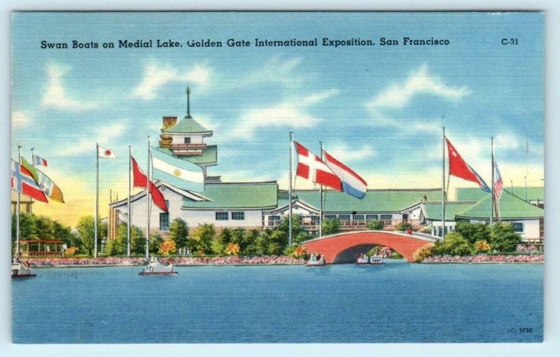 3 Postcards GOLDEN GATE EXPO San Francisco FOREIGN PAVILION, SWAN BOATS 1939