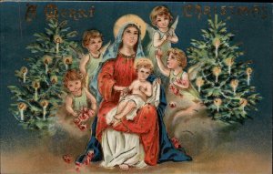 Christmas Mary with Child Angels and Christ Child Gilt Gel c1910 Postcard