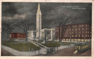 Vintage Postcard 1924 Court Square at Night Church Springfield Massachusetts MA