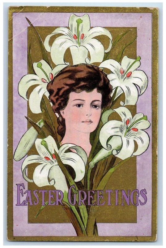 1909 Easter Greetings Art Nouveau Girl Head Lilies Flowers Dayville OR Postcard