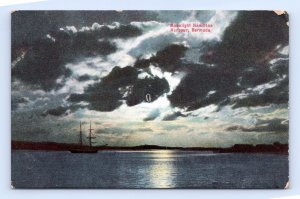 Ship On Water Moonlight View Hamilton Harbor Bermuda UNP DB Postcard F19