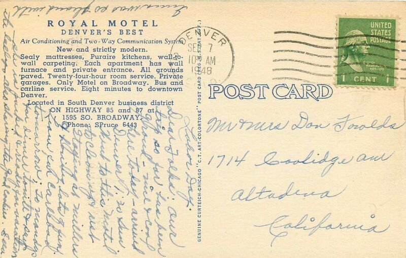 Denver Colorado 1948 Royal Motel roadside Postcard Teich linen 6479