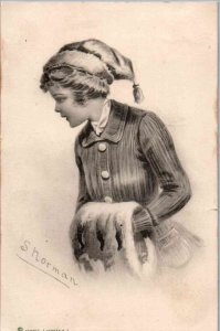 Girl with Winter Hat and Muffler - Signed by S. Norman - in 1912