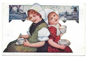 Dutch Girls Drinking from Tea Cups Delft Tiles 1909 Postcard