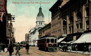 Hastings Street and Post Office Vancouver Canada 1912 Antique Trolley Postcard 