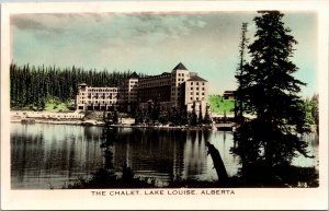 Chalet Lake Louise Alberta Canada Building Forest Scenic Water WB Postcard 