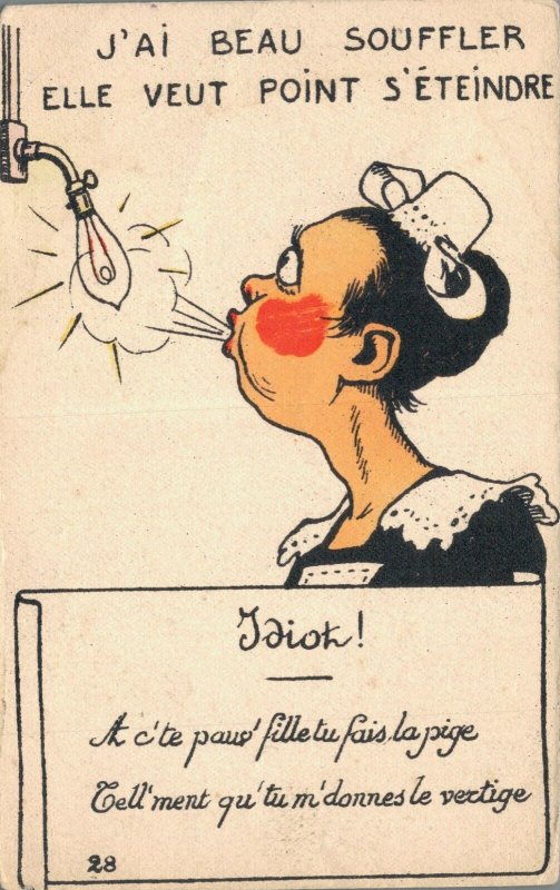 Lady Tries To Blow Out A Light Bulb Comic Vintage Postcard 06.66 