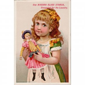 NIAGARA Gloss Starch - Antique 1880s Victorian Trade Card - Cute Girl with Doll