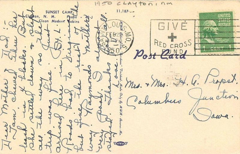 Postcard 1950 New Mexico Clayton Sunset Camp Cabins occupation NM24-2365