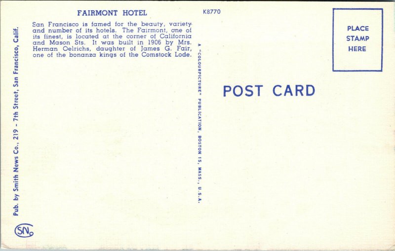 Vtg 1930's Fairmont Hotel San Francisco California CA Linen Postcard