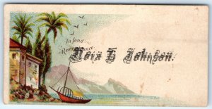 c1880s Nora Johnson Name Calling Trade Card Colorful Boat Seas Palm Tropics C3