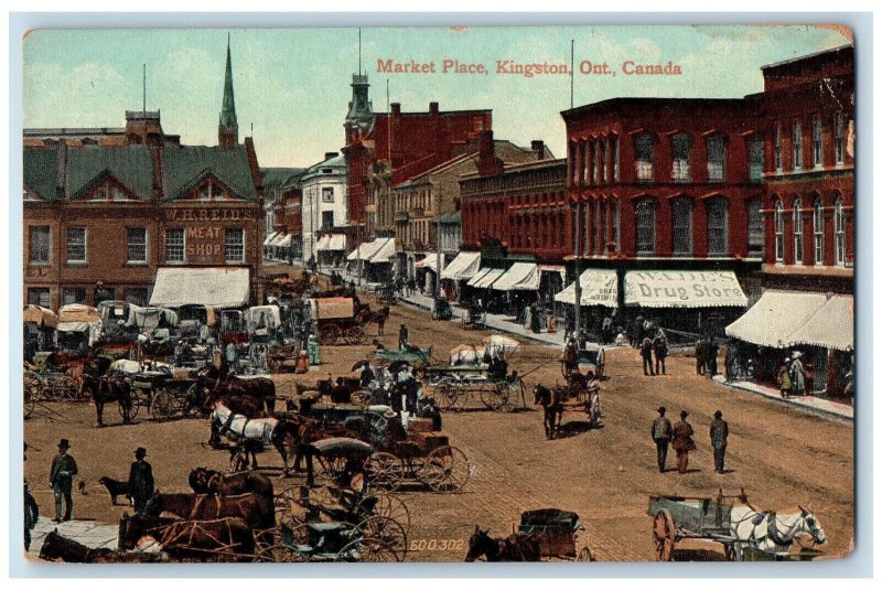 1913 Horse Carriage Market Place Kingston Ontario Canada Antique Posted Postcard 