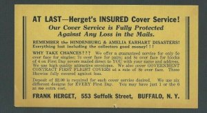 Ca 1938 Buffalo NY Frank Hergets Insured Cover Service For Covers Lost In The---