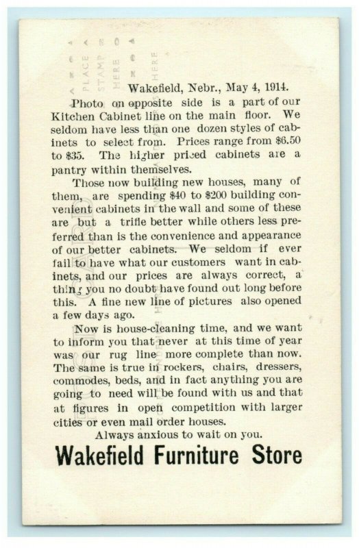 Wakefield Furniture Co. Nebraska Advertising Kitchen RPPC 1914 Antique Postcard 
