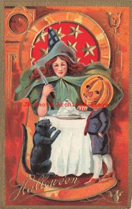 344451-Halloween, Nash No 3G-3a, Keyhole, Witch with JOL Head Boy & Black Cat