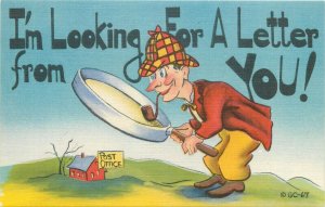 Pipe smoker detective caricature looking for letter magnifier glass post office 