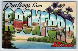 Greetings From Rockford Illinois Large Big Letter Linen Postcard Curt Teich 1949