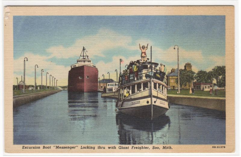 Excursion Boat Messenger & Great Lakes Steamer Soo Michigan 1940s postcard