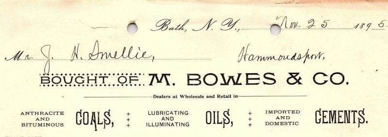 1895 BATH NY M. BOWES & CO ANTHRACITE AND BITUMINOUS COALS OILS  BILLHEAD Z4223