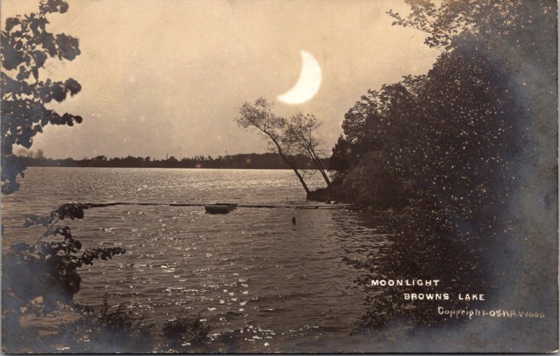 Real Photo Postcard Moonlight at Browns Lake, Wisconsin