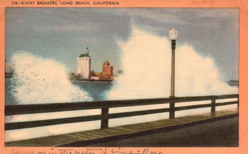 Vintage Postcard 1957 Giant Breakers Blue Waters Foamy Plumes Long Beach Calif.