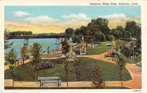 WATERLOO, IA Iowa  HERMANN MILLER PARK  Lake~Bridge~Paths  c1940's Postcard