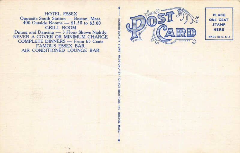 Lounge Bar, Hotel Essex, Boston, Massachusetts, Early Postcard, Unused