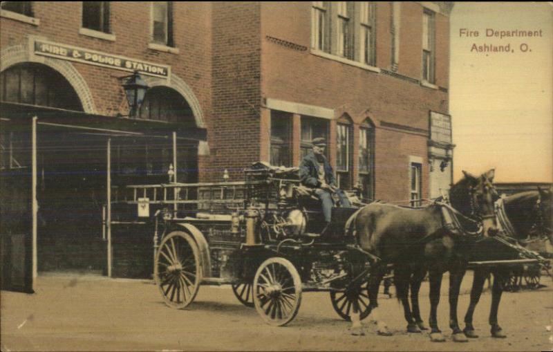 Ashland OH Fire Dept Horse Drawn Engine c1910 Postcard jrf