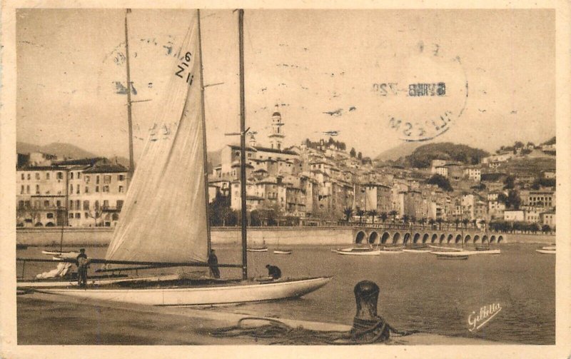 Navigation & sailing related old postcard Menton harbor sailboat