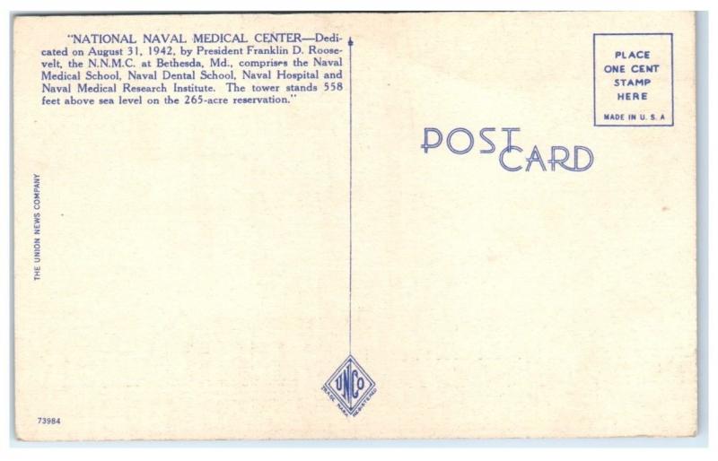 Mid-1900s US Naval Medical Center, Bethesda, MD Postcard