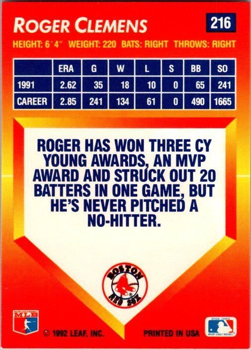 1992 Donruss Baseball Card Roger Clemens Boston Red Sox sk3181