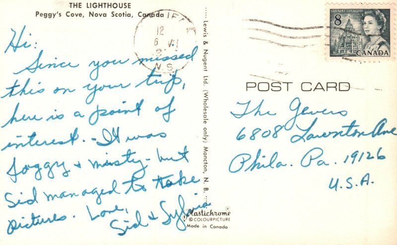 Vintage Postcard The Lighthouse Peggy's Cove Nova Scotia Canada Lewis & Nugent 