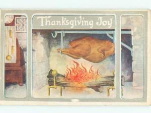 Pre-Linen Thanksgiving TURKEY BIRD ROASTING IN THE FIREPLACE AB4403