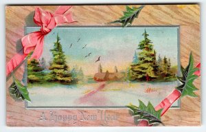 New Years Day Postcard Scenic Trees Church John Winsch Back Holiday Greetings