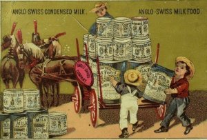 1882 Anglo-Swiss Condensed Milk Team Horses Wagon Big Cans Boys Working P100