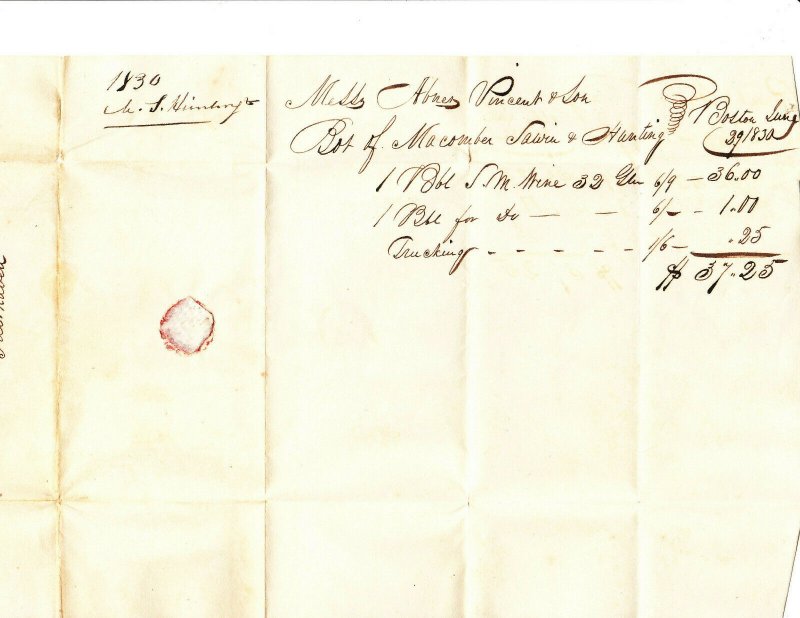 1830 wine receipt – Macomber, Sawin & Hunting to Abner Vincent & Son Fairhaven