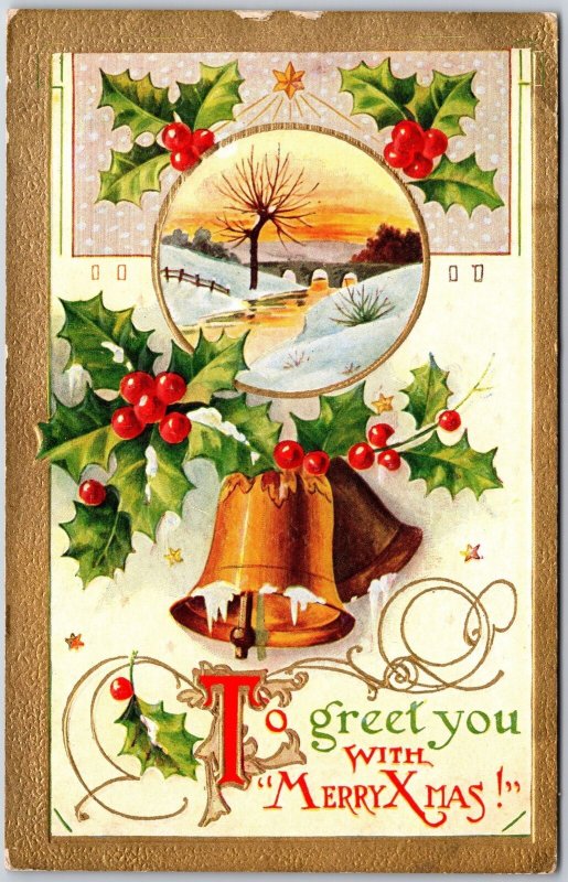 To Greet You With Merry Christmas Bell & Holy Leaf Snow Landscape Postcard