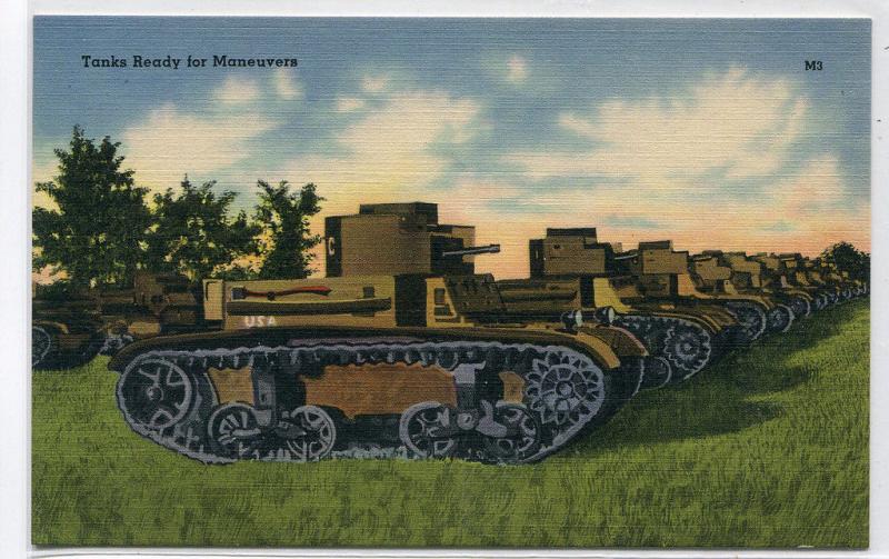 Tanks Ready For Maneuvers US Army Military WWII linen postcard