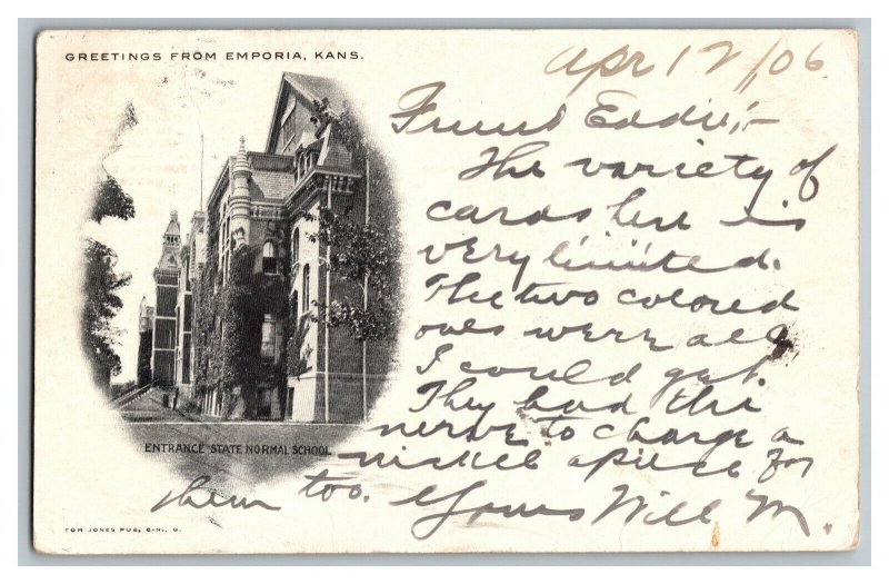 1906 Postcard Greetings From Emporia Kans. State Normal Vtg. Standard View Card 