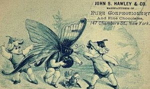Hawley Confectionery Chocolate NY Children Kill Anthropomorphic Butterfly 1880s